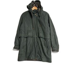 Vtg Leather Limited Parka Coat Womens L Dark Green Removable Lining/Hood Casual